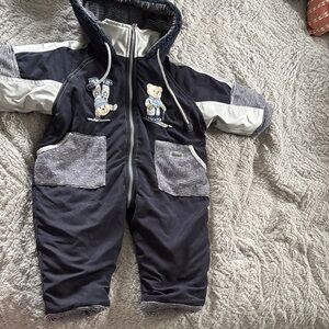 6month old snow suit Navy and Gray Teddy Bear Puffer Kids Coverall